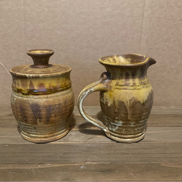 Signed Studio Art Pottery Stoneware Creamer Pitcher Sugar Bowl By Spring RI - Picture 3 of 14